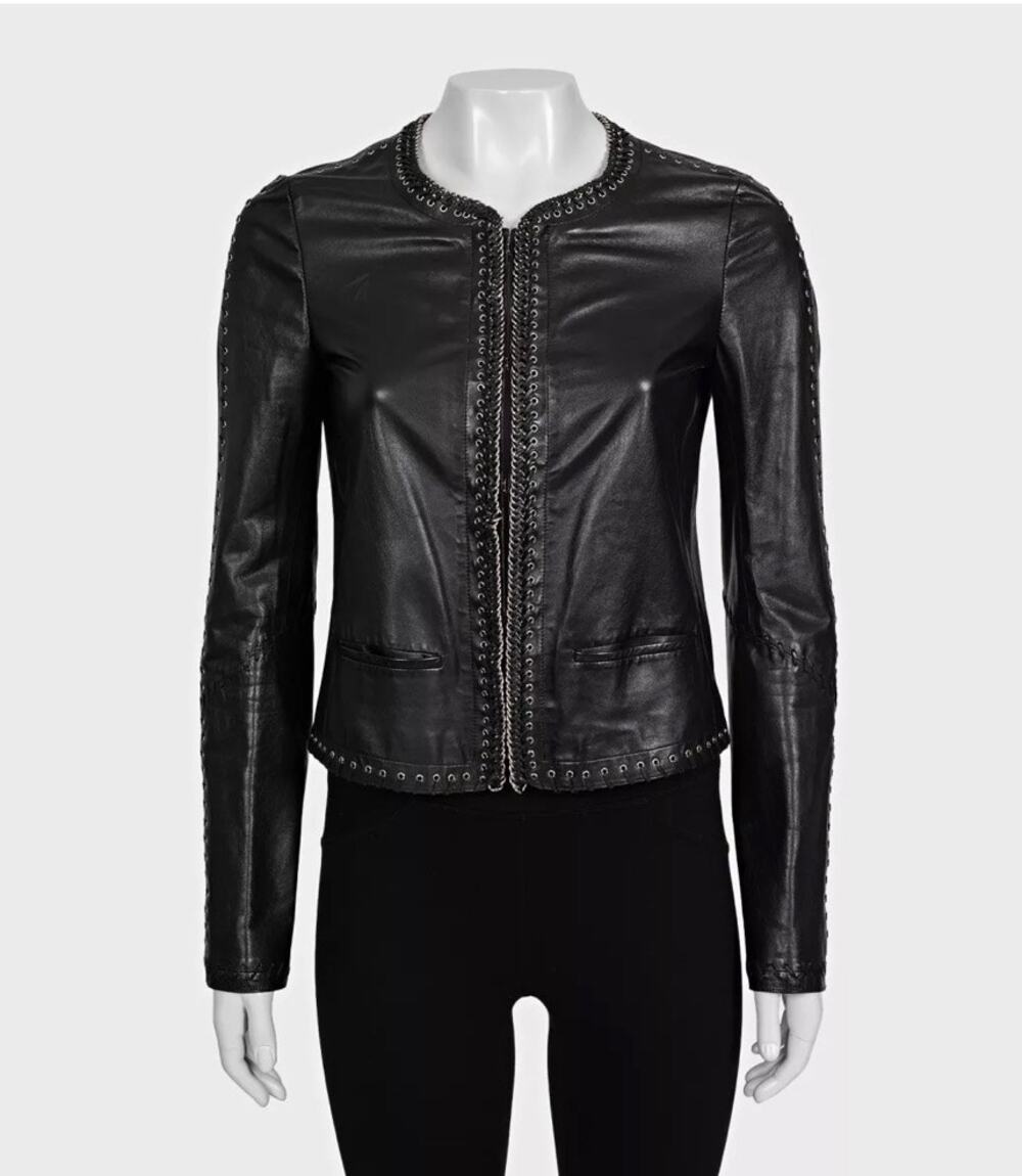 Roberto Cavalli Black Leather Lace-Up Cropped Jacket IT 42/M